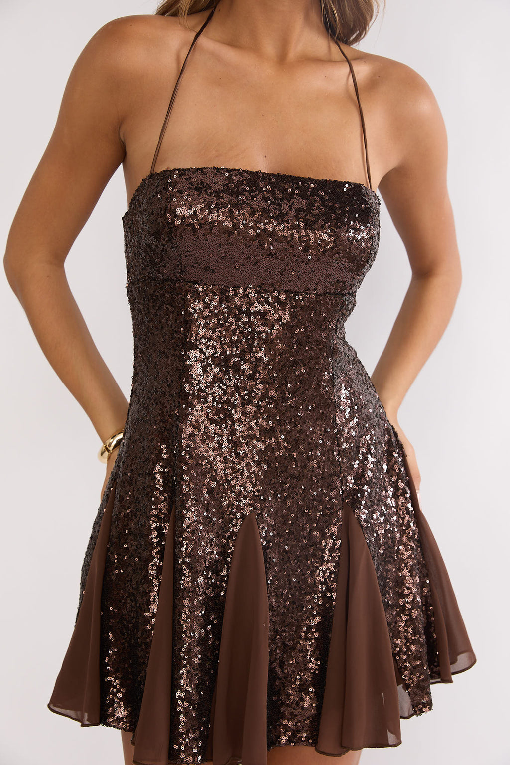 Belora Halterneck Godet Hem Mini Dress Dk Brown by Selfie Leslie