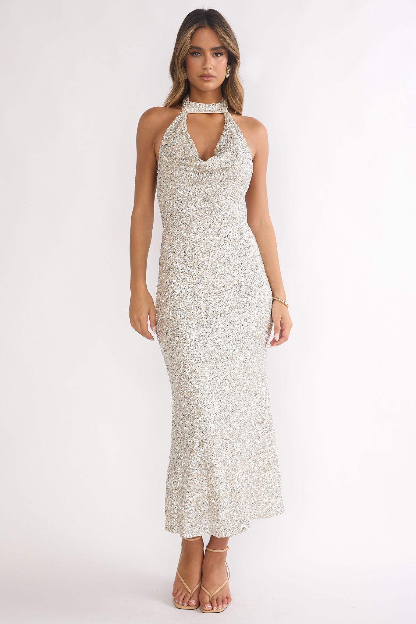 Sky of Diamonds Backless Midi Dress Sequin Silver