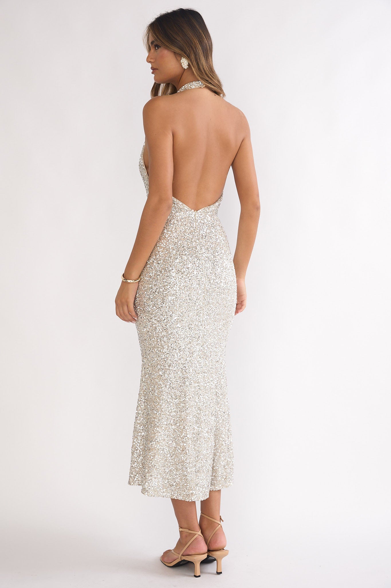 Sky Of Diamonds Backless Midi Dress Sequin Silver by Selfie Leslie
