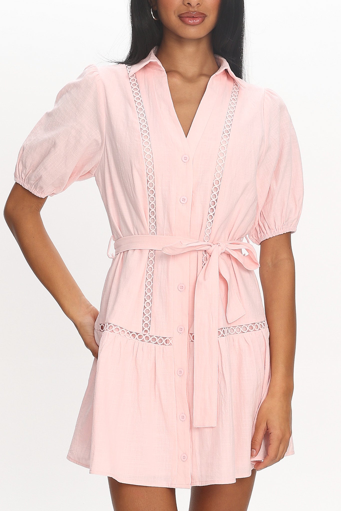 Darling Blossom Puff Sleeve Mini Shirt Dress Baby Pink | Selfie Leslie