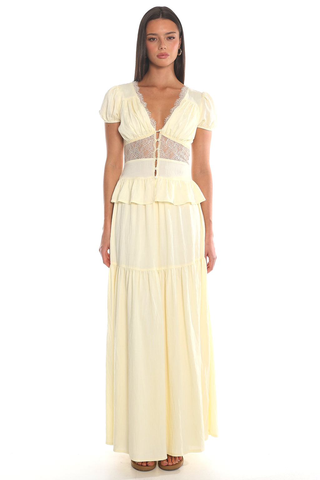 Leandra Lace Button-Front Peplum Top Soft Butter