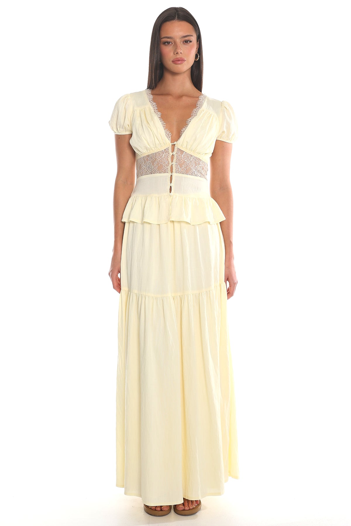 Leandra Lace Button-Front Peplum Top Soft Butter