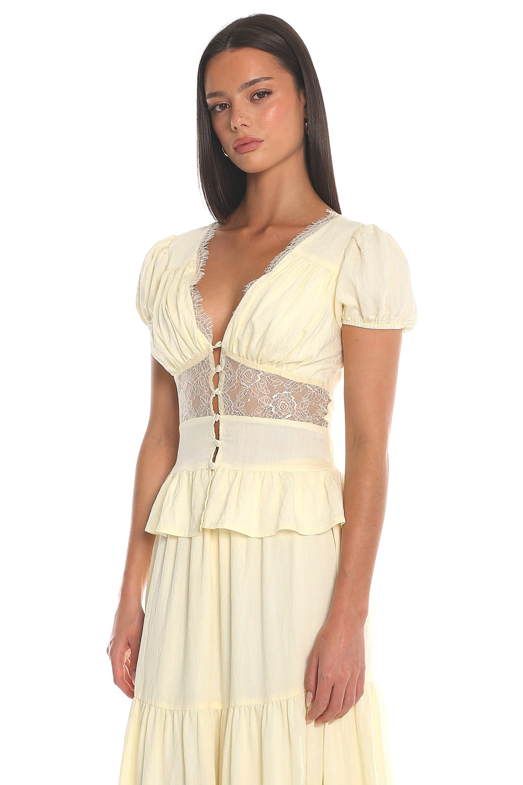 Leandra Lace Button-Front Peplum Top Soft Butter