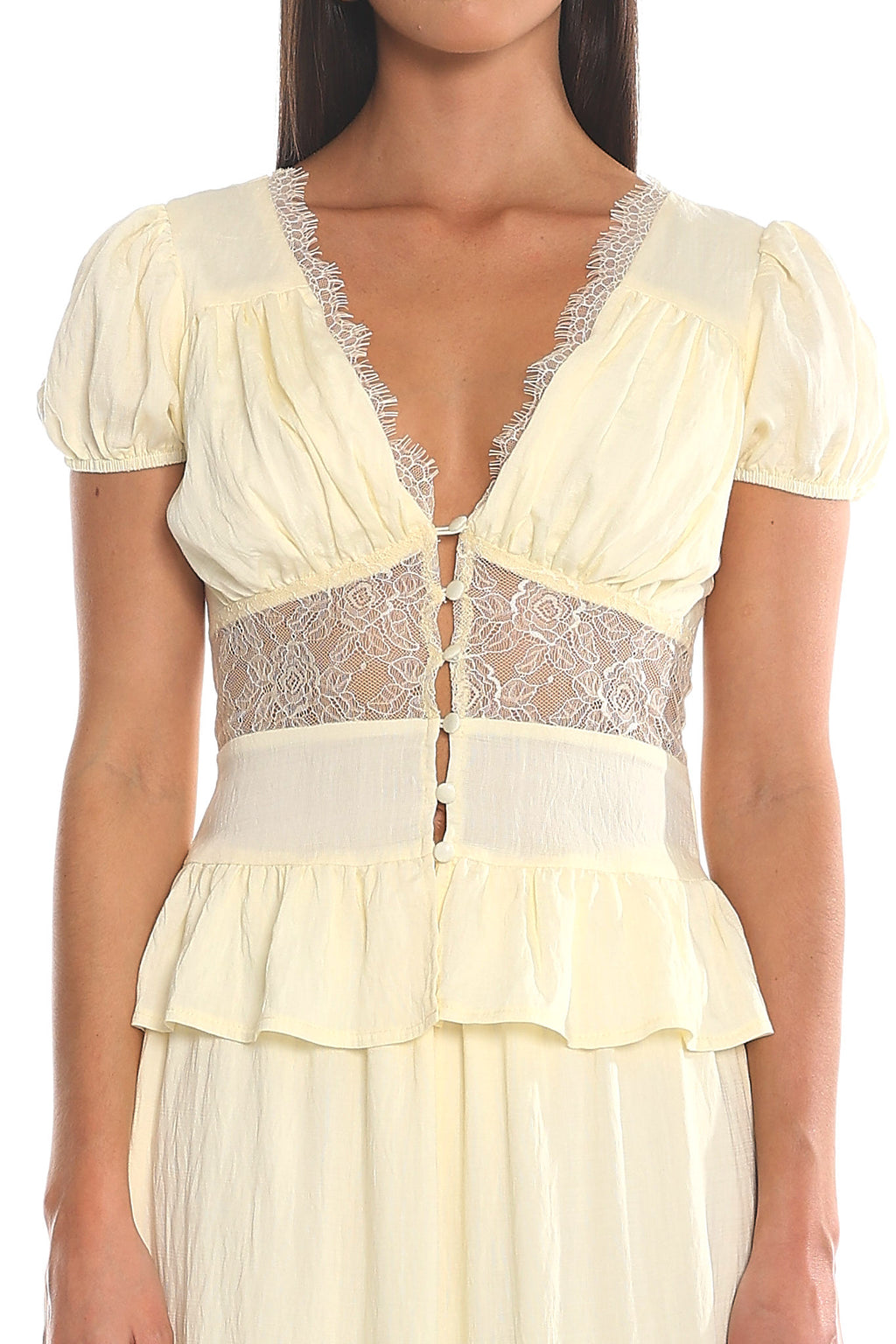Leandra Lace Button-Front Peplum Top Soft Butter