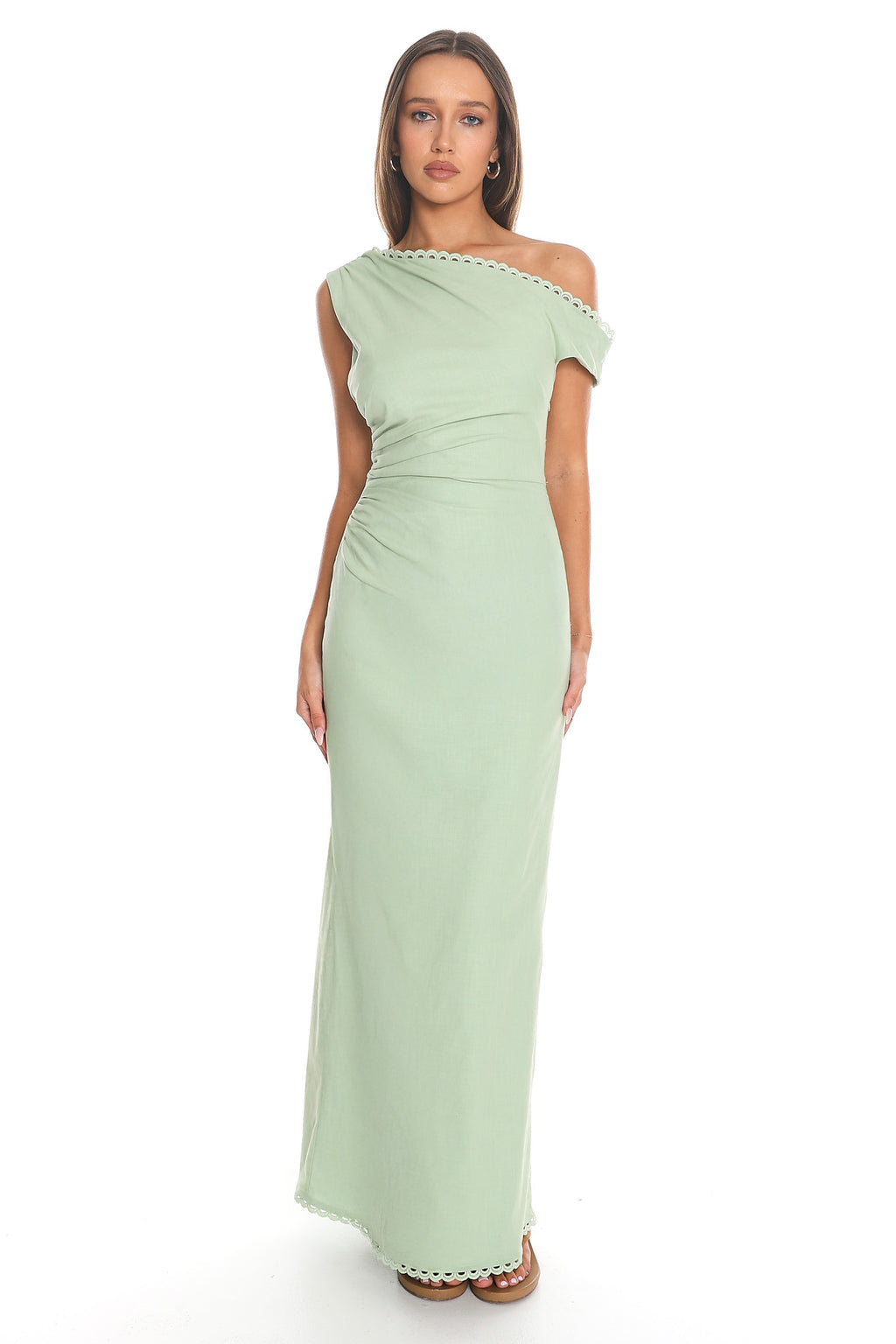 Neras Scalloped One-Shoulder Maxi Dress Sage