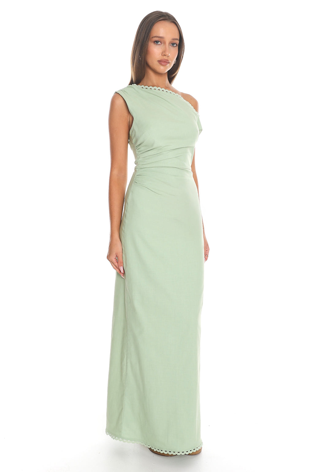 Neras Scalloped One-Shoulder Maxi Dress Sage