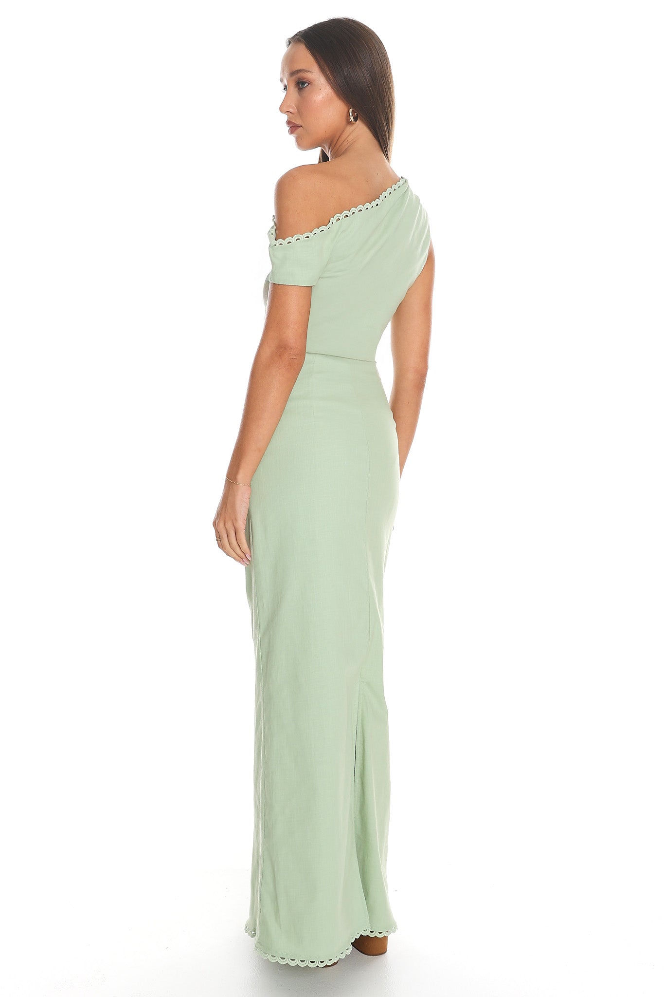 Neras Scalloped One-Shoulder Maxi Dress Sage