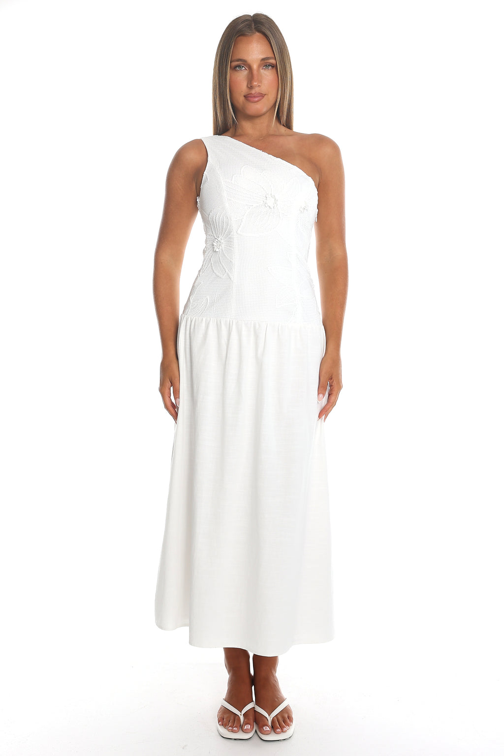 Elina One Shoulder Midi Dress White