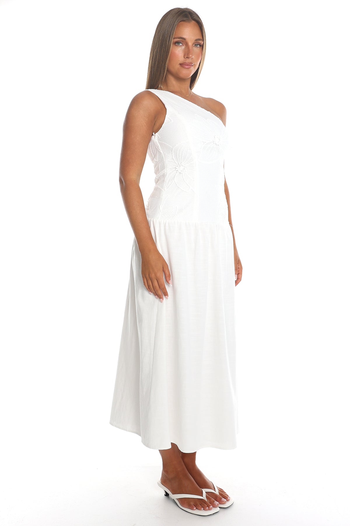 Elina One Shoulder Midi Dress White