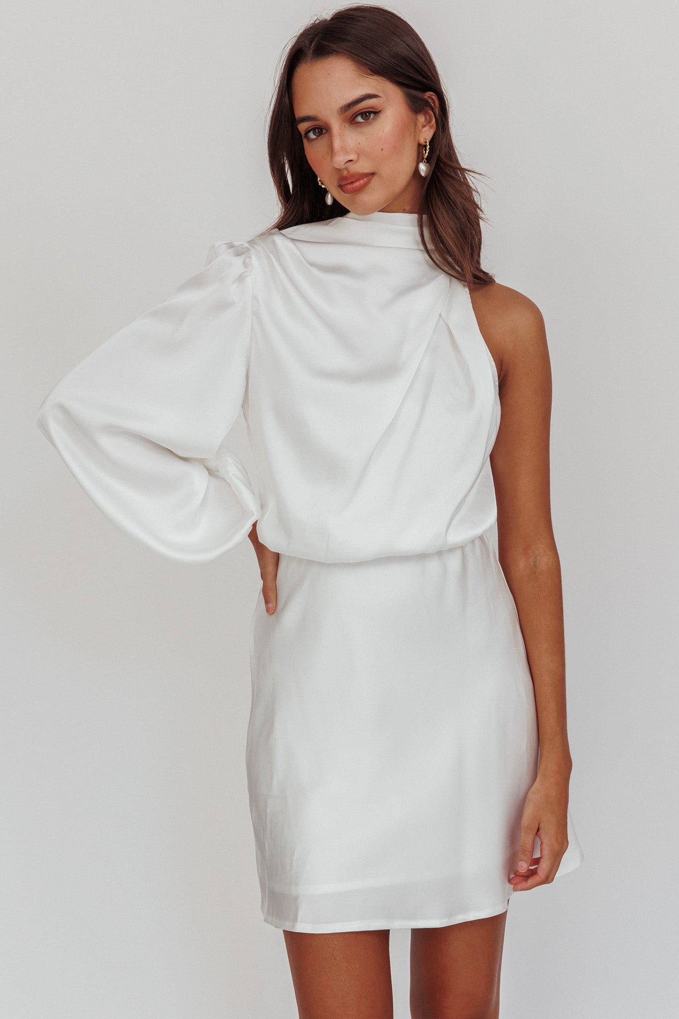 Can't Compete One Sleeve Mini Dress Off White by Selfie Leslie