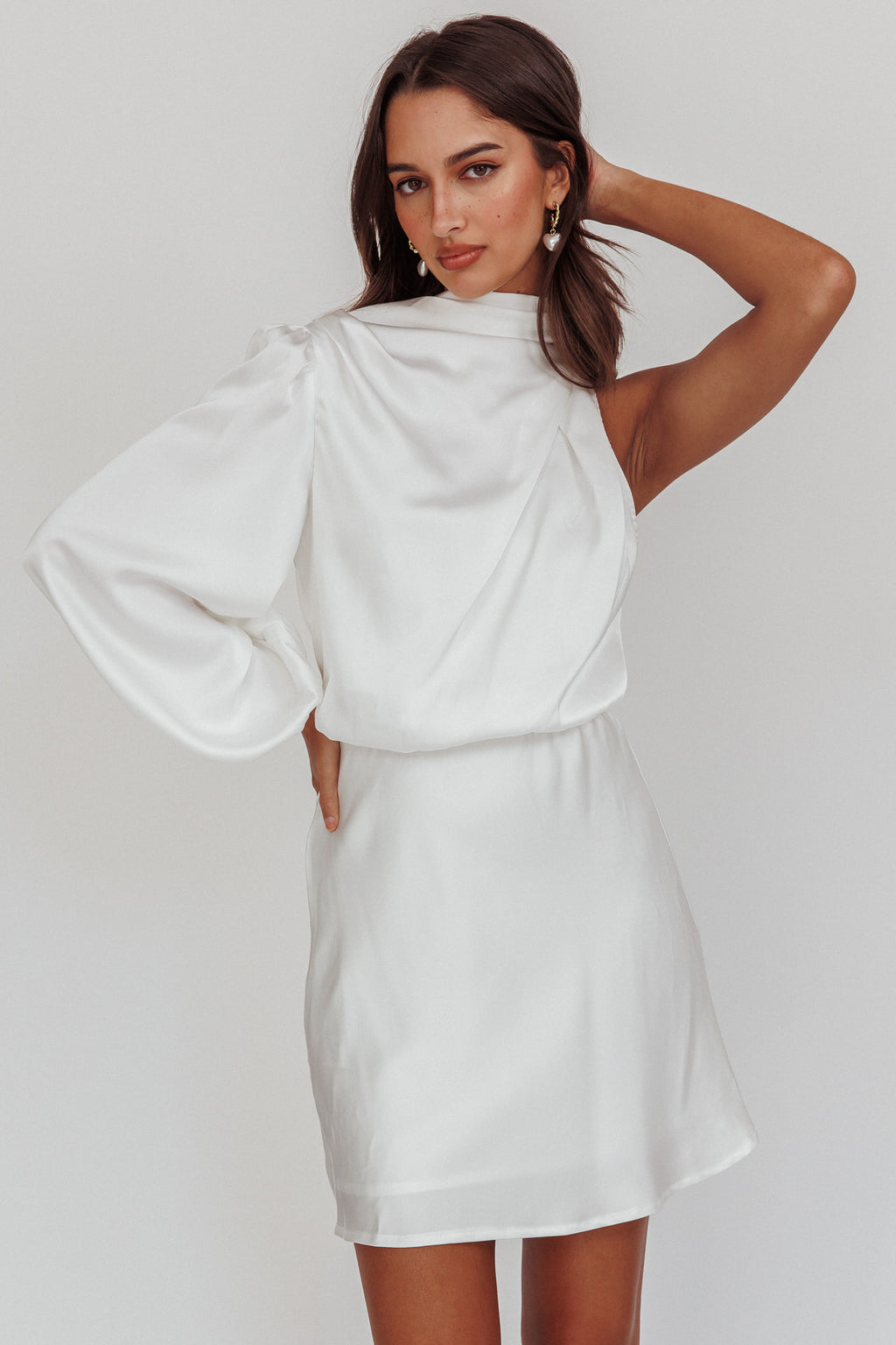 Can't Compete One Sleeve Mini Dress Off White by Selfie Leslie