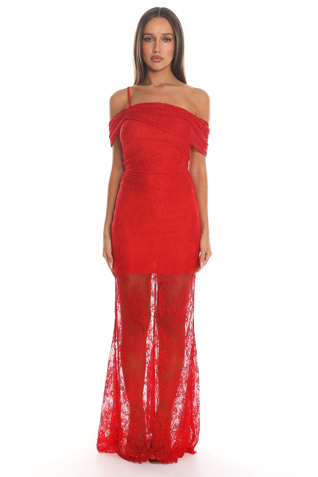 Valentina Off-Shoulder Lace Maxi Dress Red