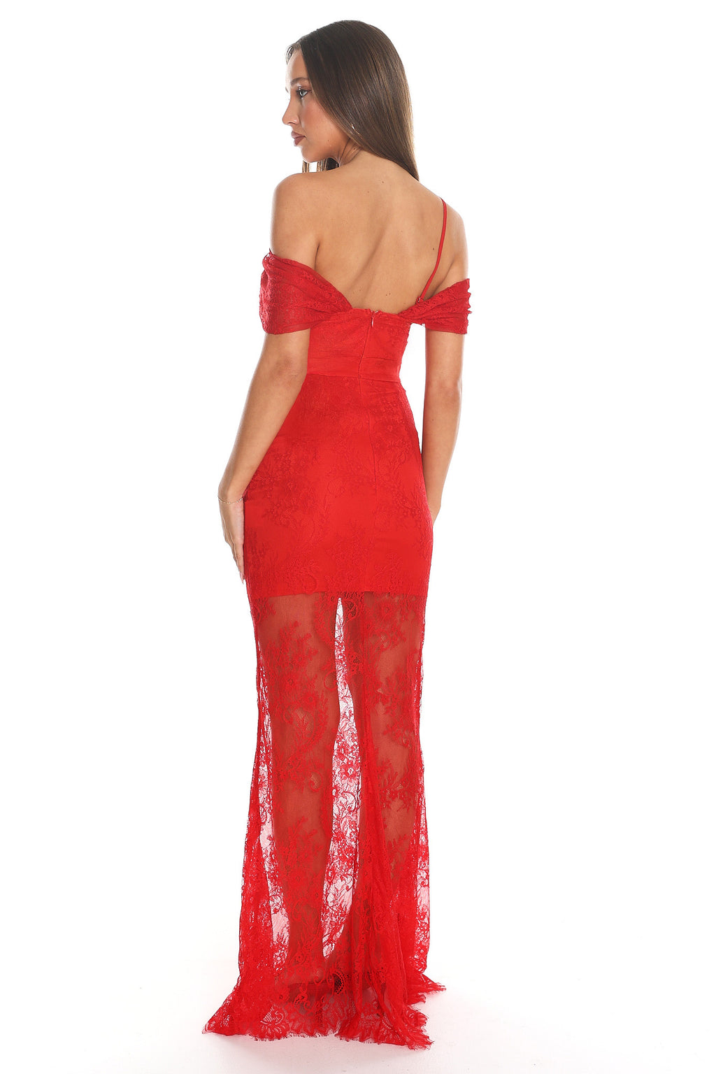 Valentina Off-Shoulder Lace Maxi Dress Red