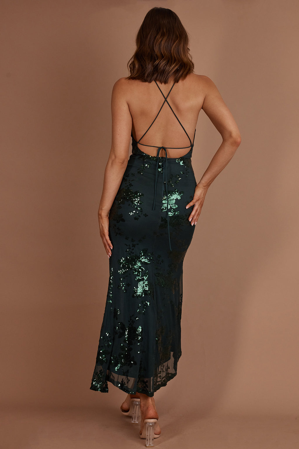 Haylan Sequin Backless Midi Dress Forest Green S