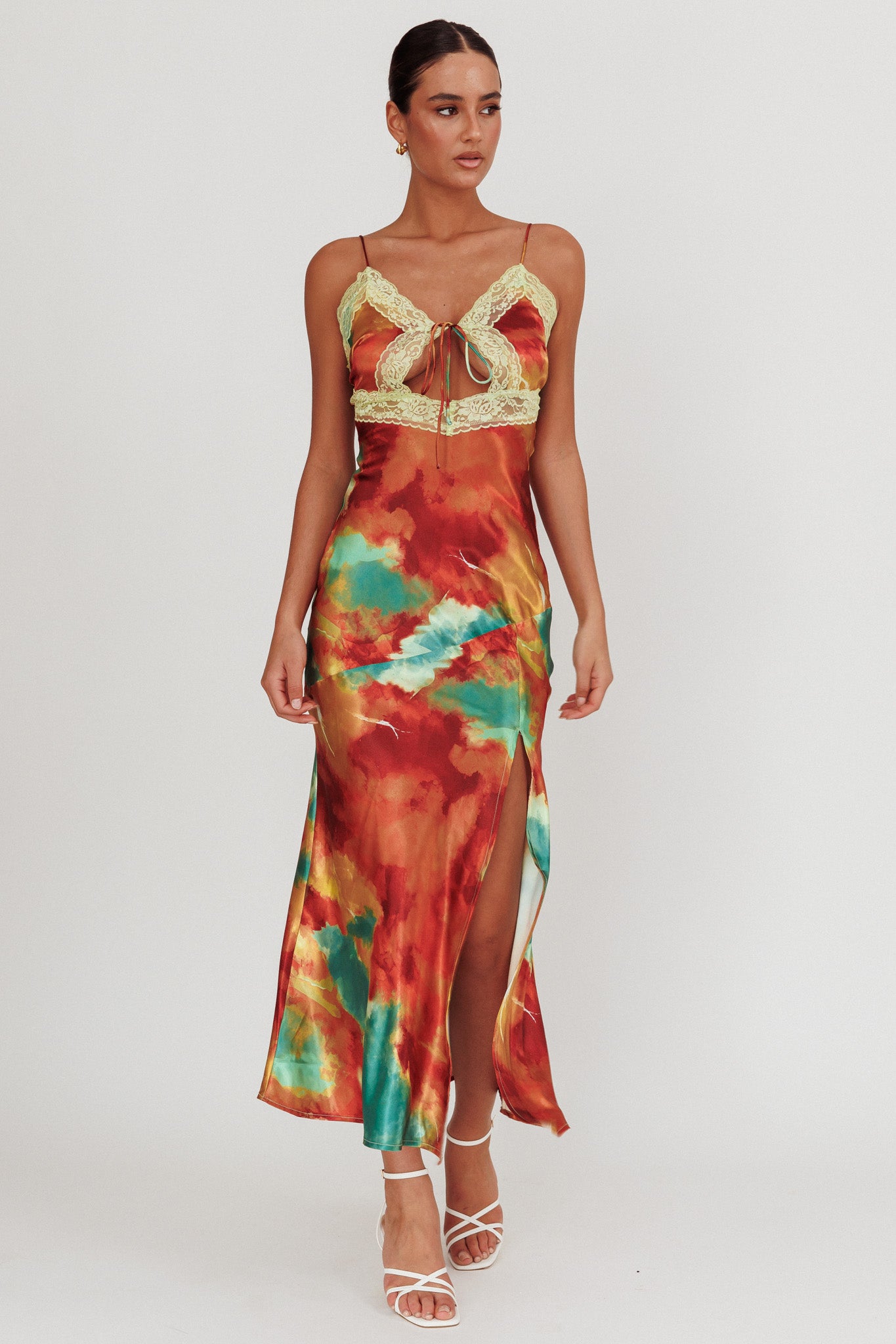 Saga Bust Keyhole Satin Maxi Dress Green by Selfie Leslie