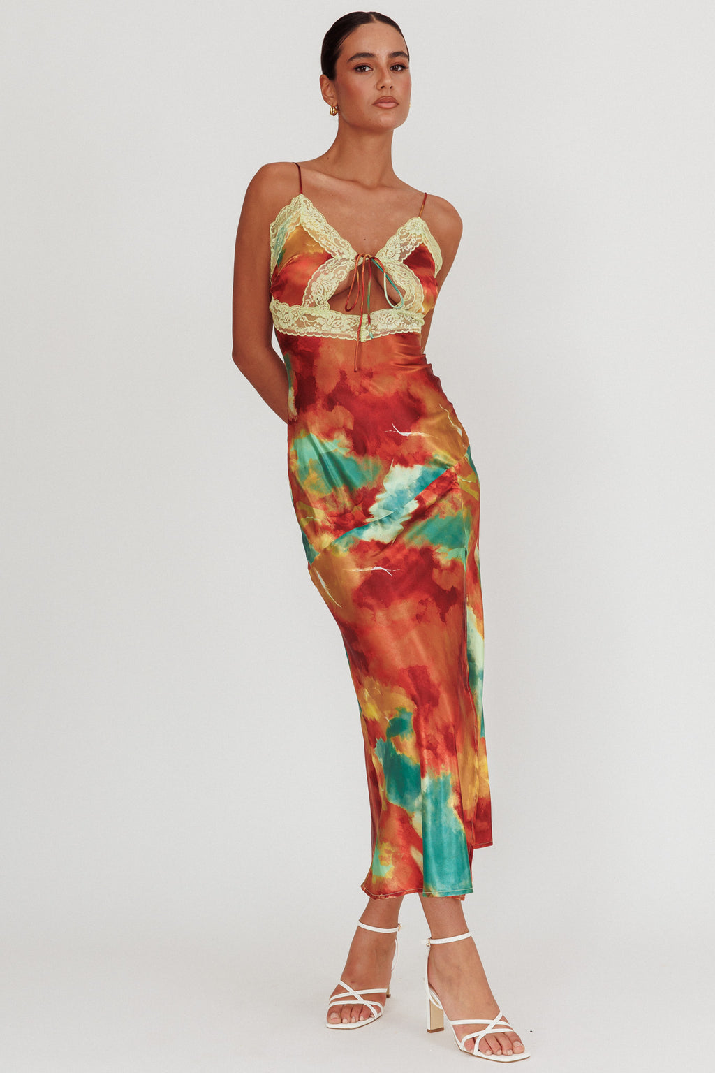 Saga Bust Keyhole Satin Maxi Dress Green by Selfie Leslie