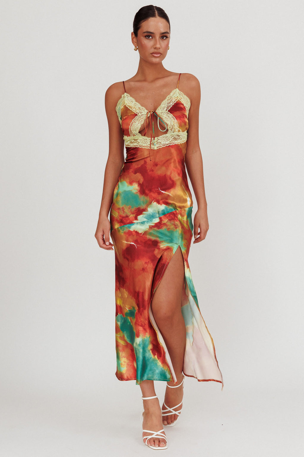 Saga Bust Keyhole Satin Maxi Dress Green by Selfie Leslie