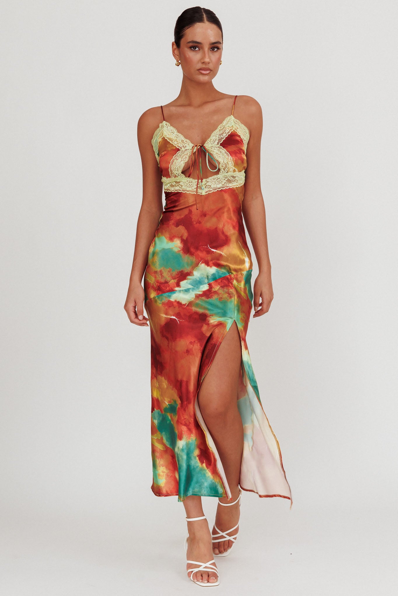 Saga Bust Keyhole Satin Maxi Dress Green by Selfie Leslie