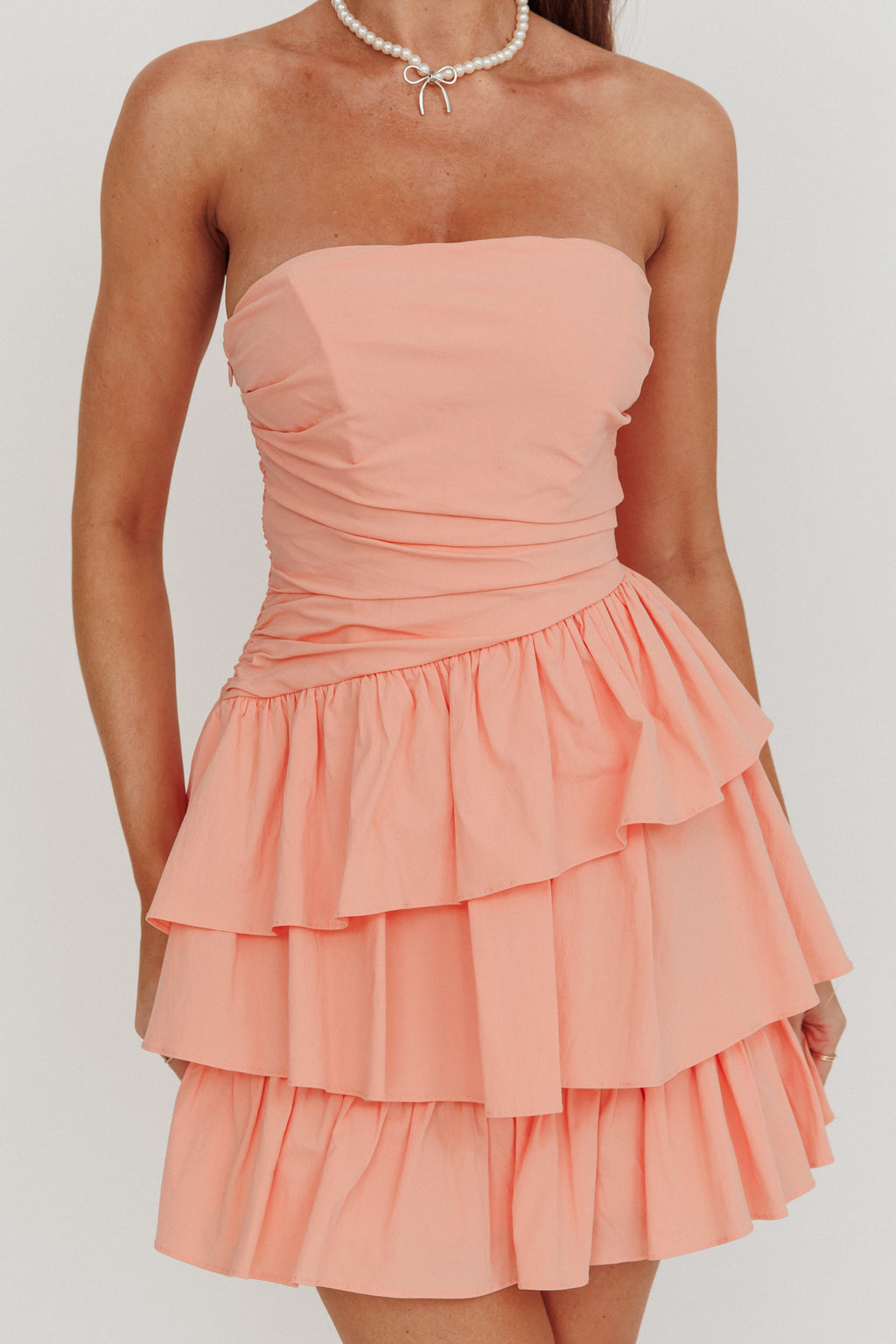 Destini Strapless Layered Frill Mini Dress Blush by Selfie Leslie
