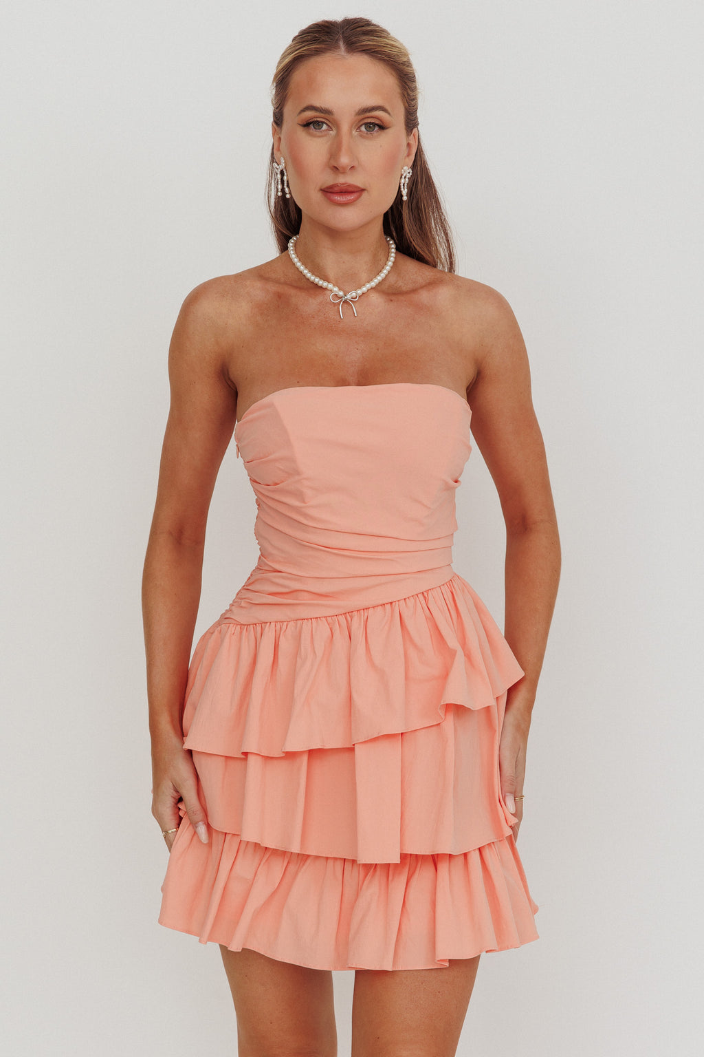 Destini Strapless Layered Frill Mini Dress Blush by Selfie Leslie