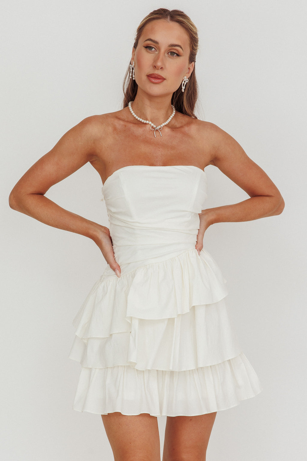 Destini Strapless Layered Frill Mini Dress Off White by Selfie Leslie