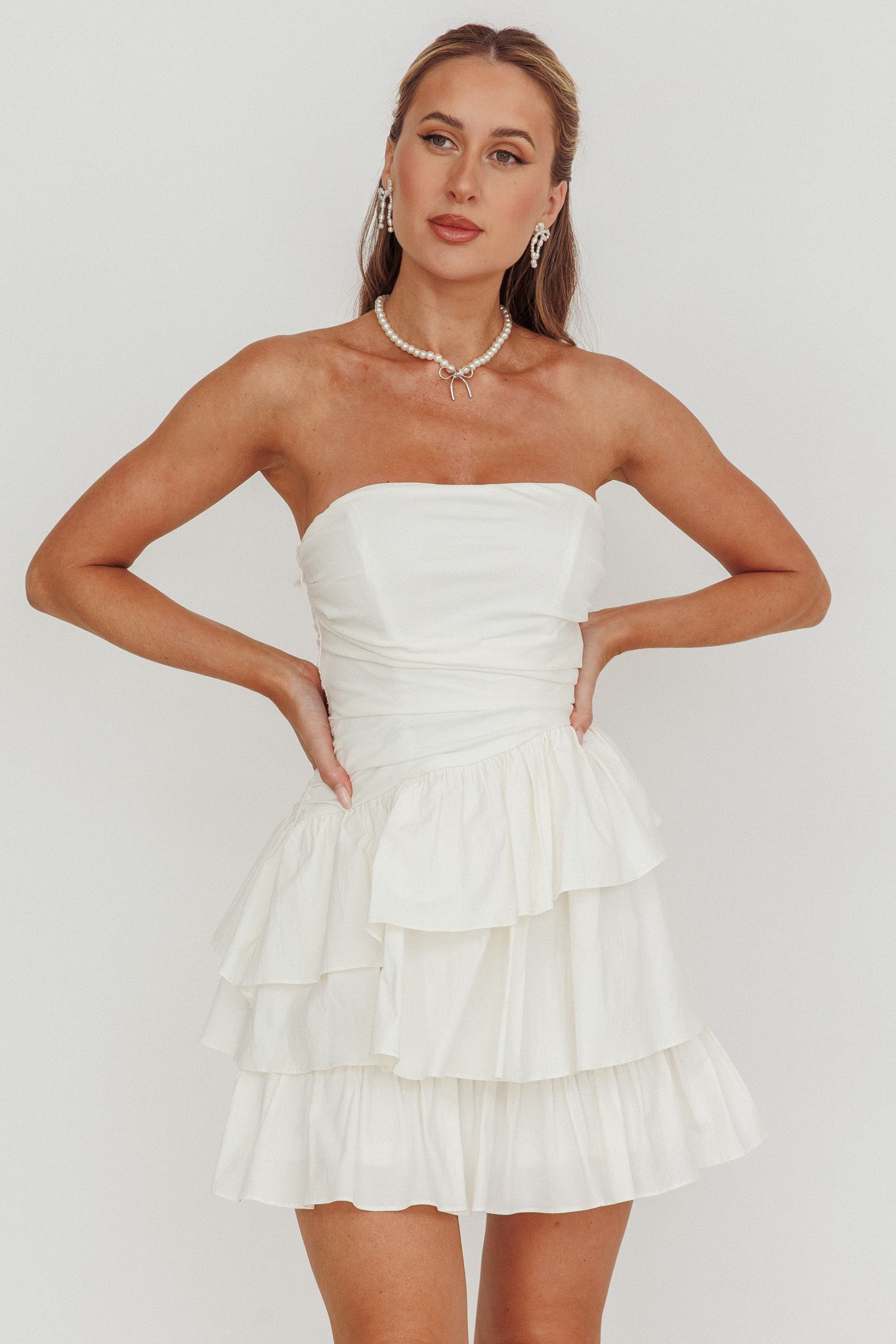 Shop the Destini Strapless Layered Frill Mini Dress Off White