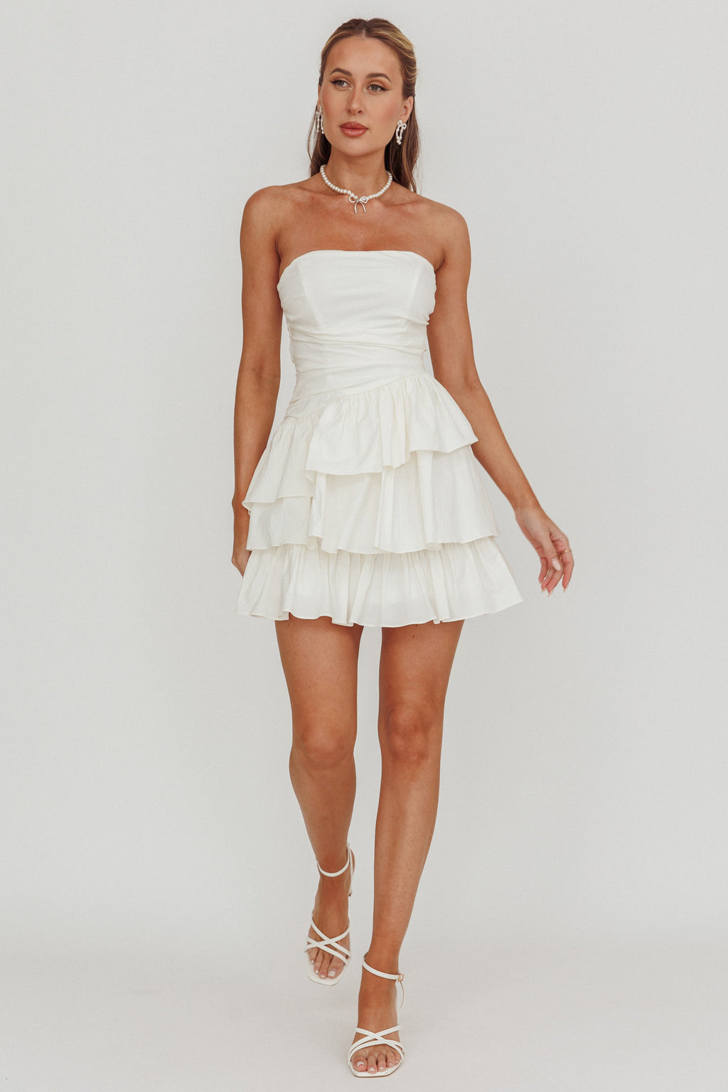 Destini Strapless Layered Frill Mini Dress Off White by Selfie Leslie