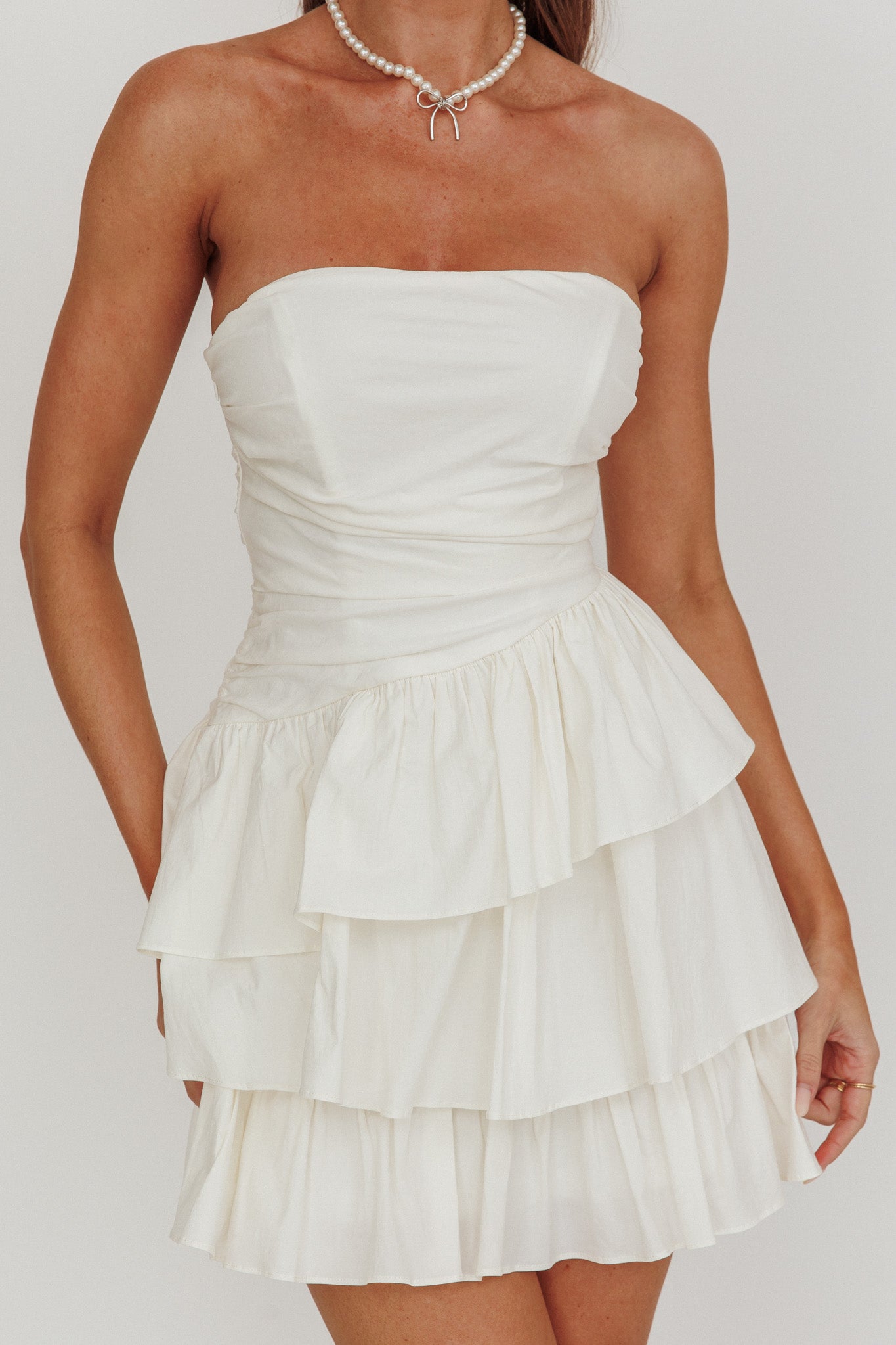 Destini Strapless Layered Frill Mini Dress Off White by Selfie Leslie