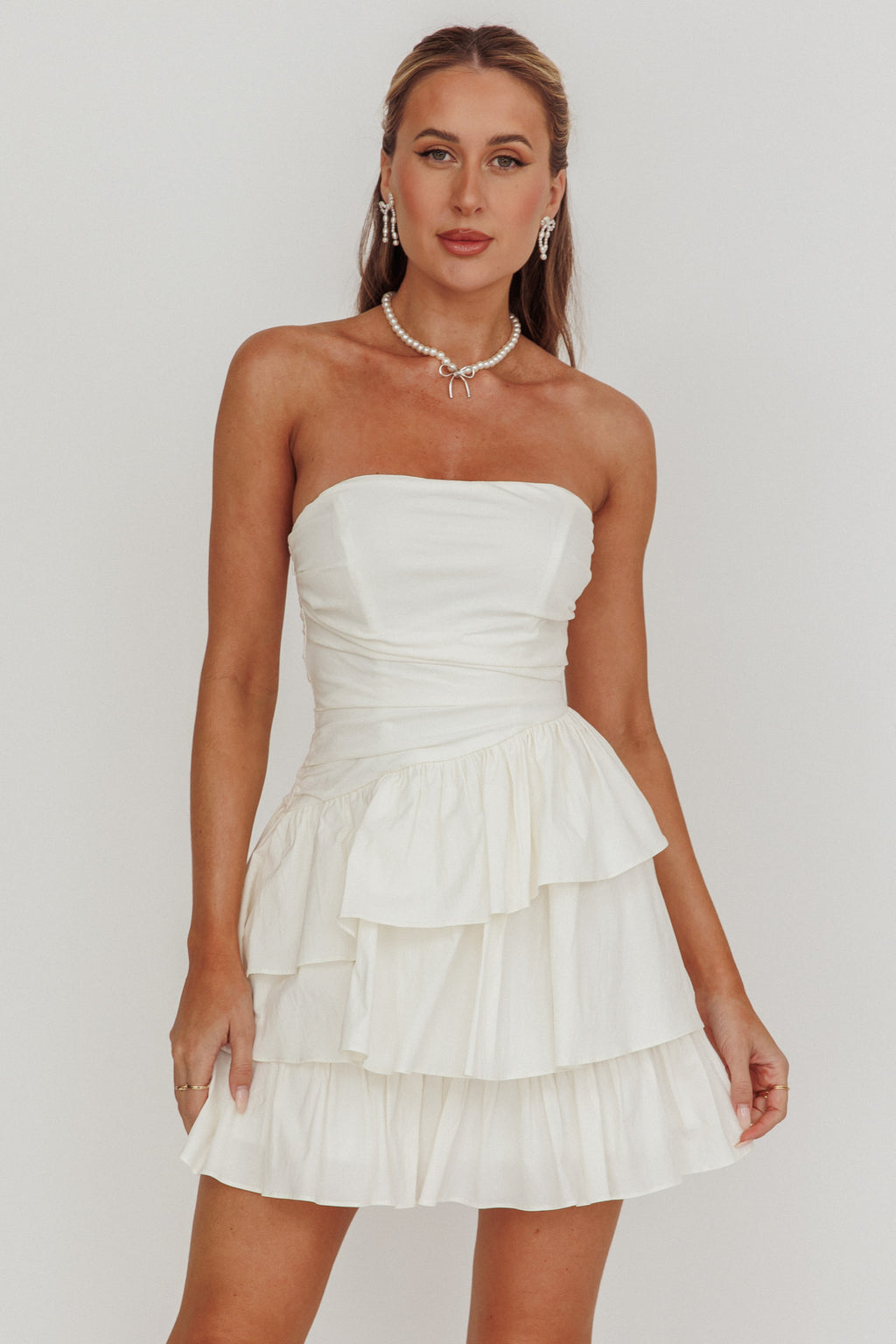 Destini Strapless Layered Frill Mini Dress Off White by Selfie Leslie