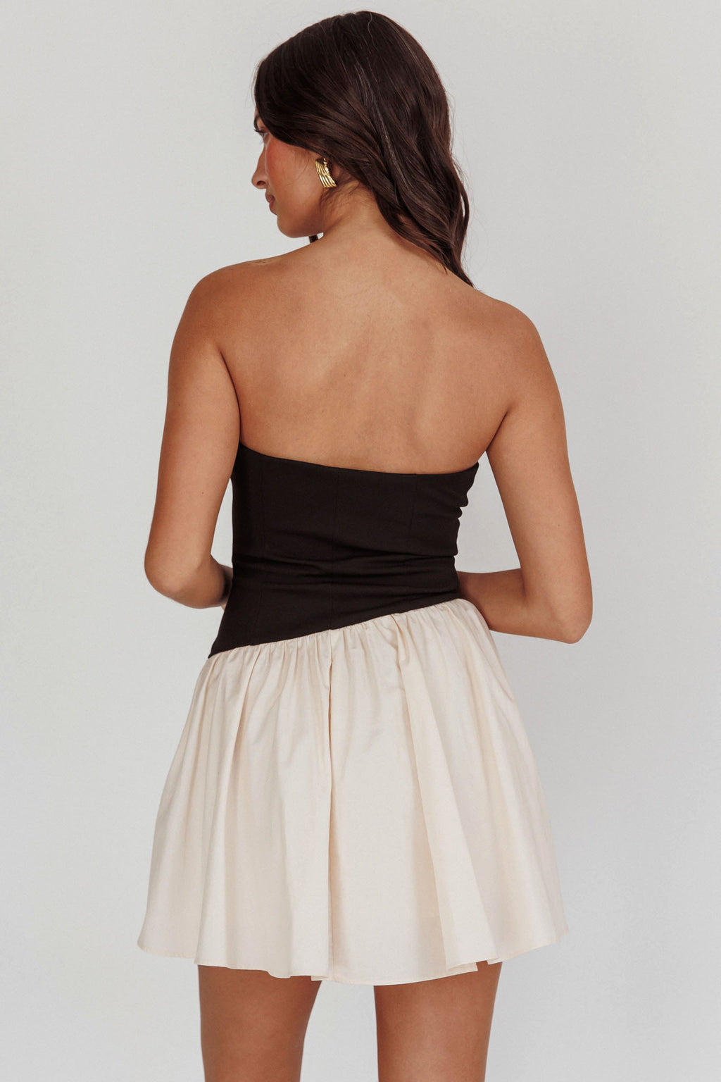Marzipan Strapless Contrast Mini Dress Black Cream by Selfie Leslie