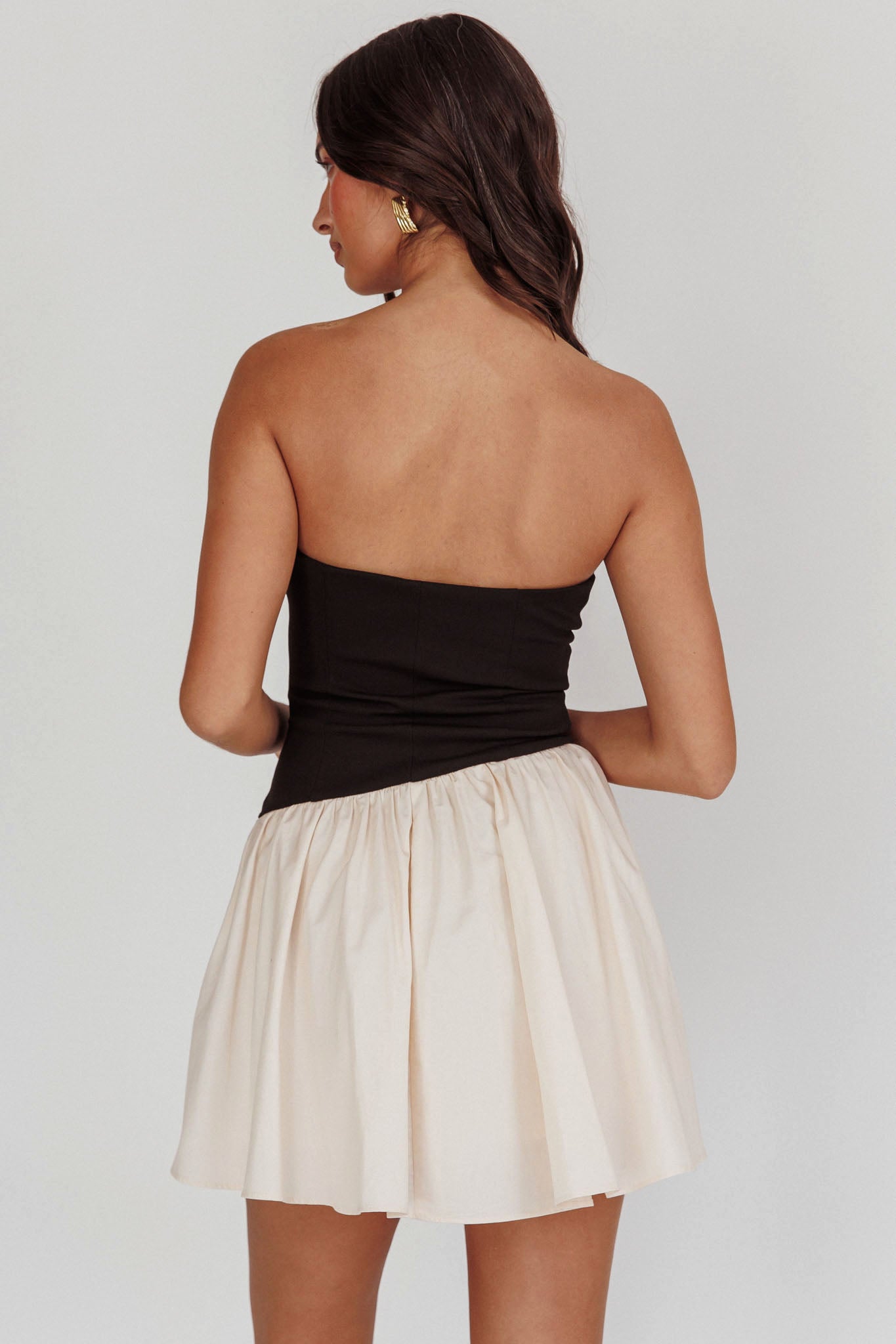 Marzipan Strapless Contrast Mini Dress Black Cream by Selfie Leslie