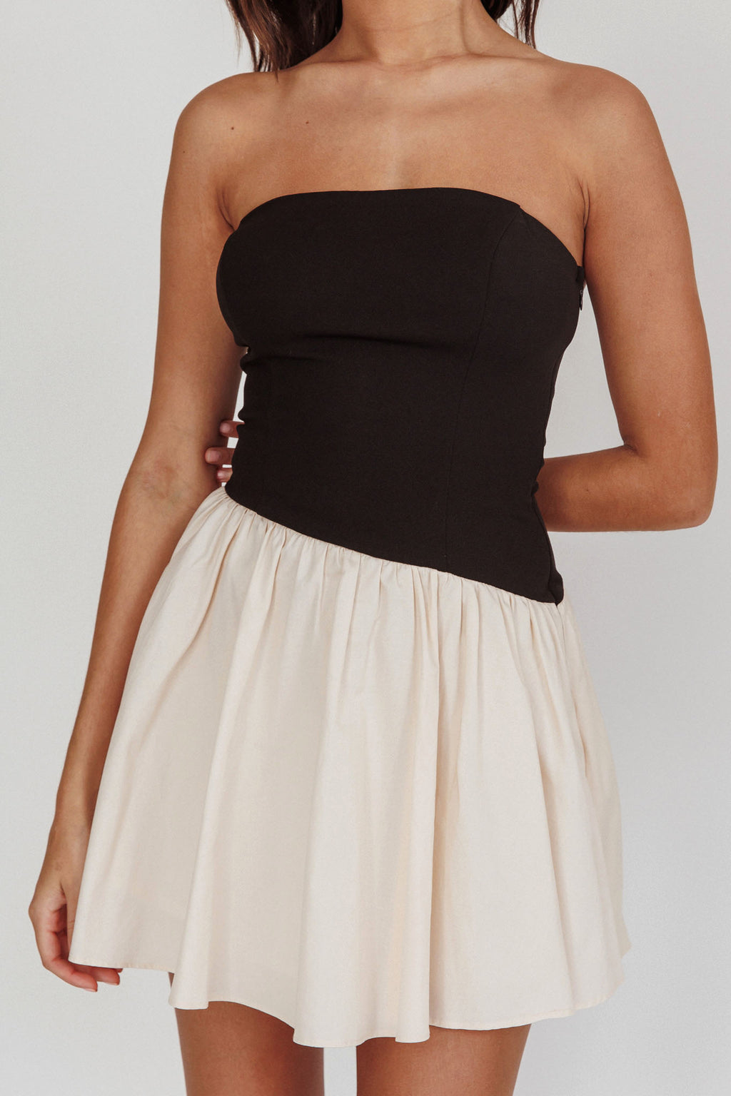 Marzipan Strapless Contrast Mini Dress Black Cream by Selfie Leslie