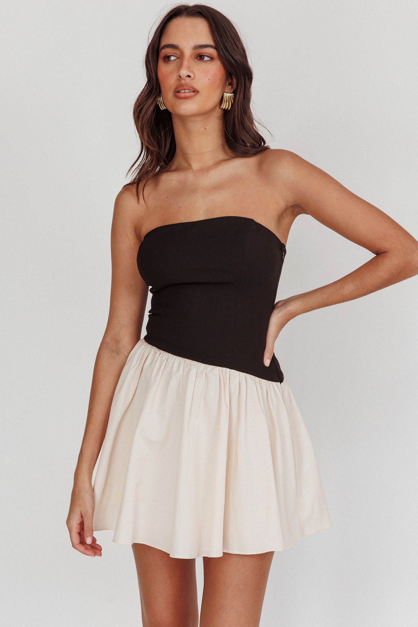 Marzipan Strapless Contrast Mini Dress Black Cream by Selfie Leslie