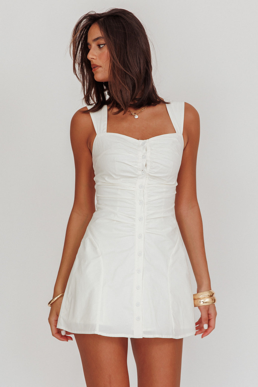 High Tide Buttoned Textured Mini Dress White Selfie Leslie High Tide Buttoned Textured Mini Dress White Selfie Leslie