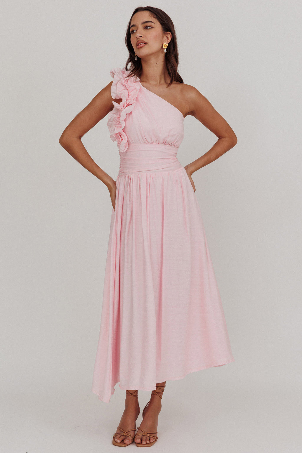 Antheia One-Shoulder Maxi Dress Baby Pink by Selfie Leslie