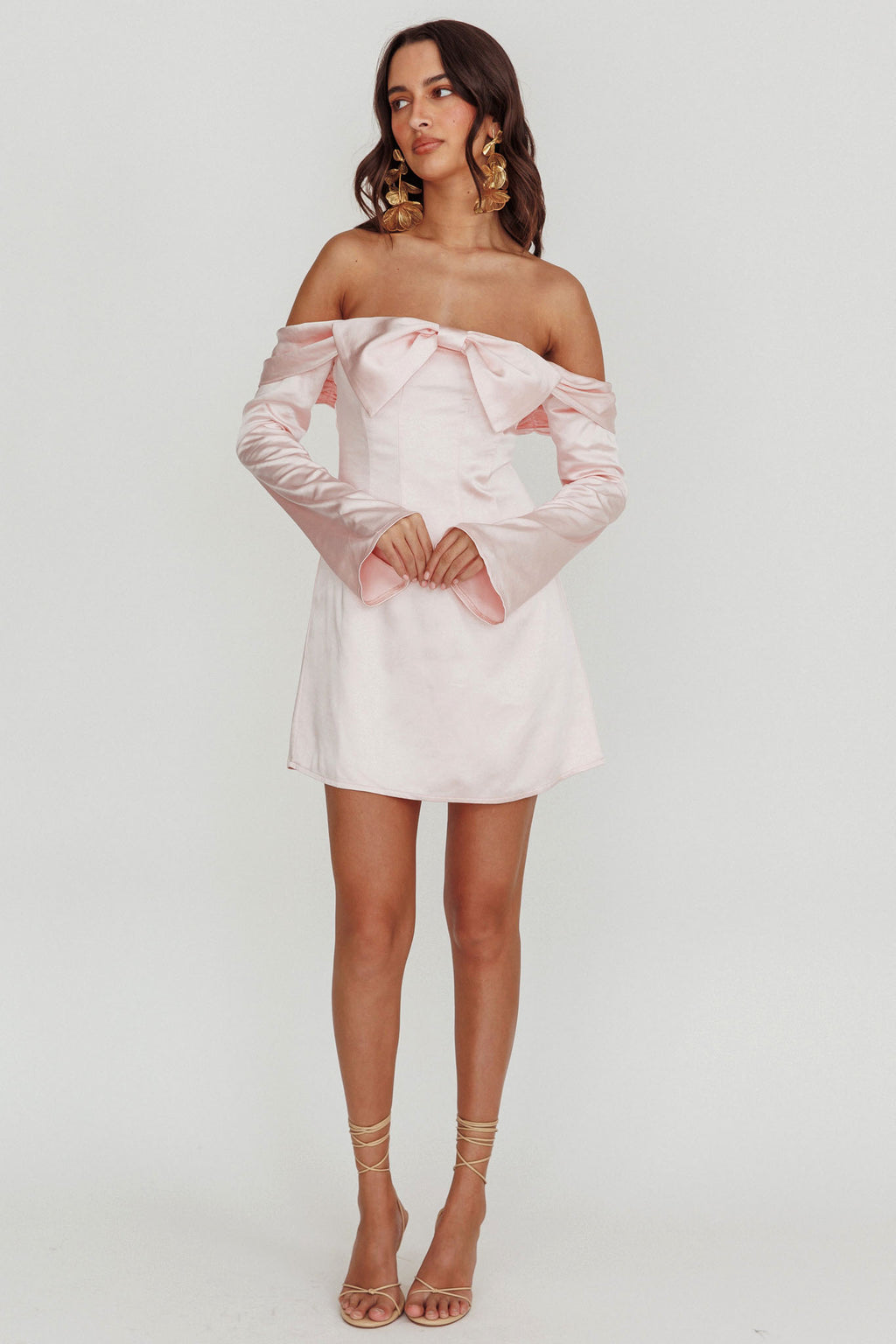 Lilith Off Shoulder Bow Mini Dress Blush by Selfie Leslie