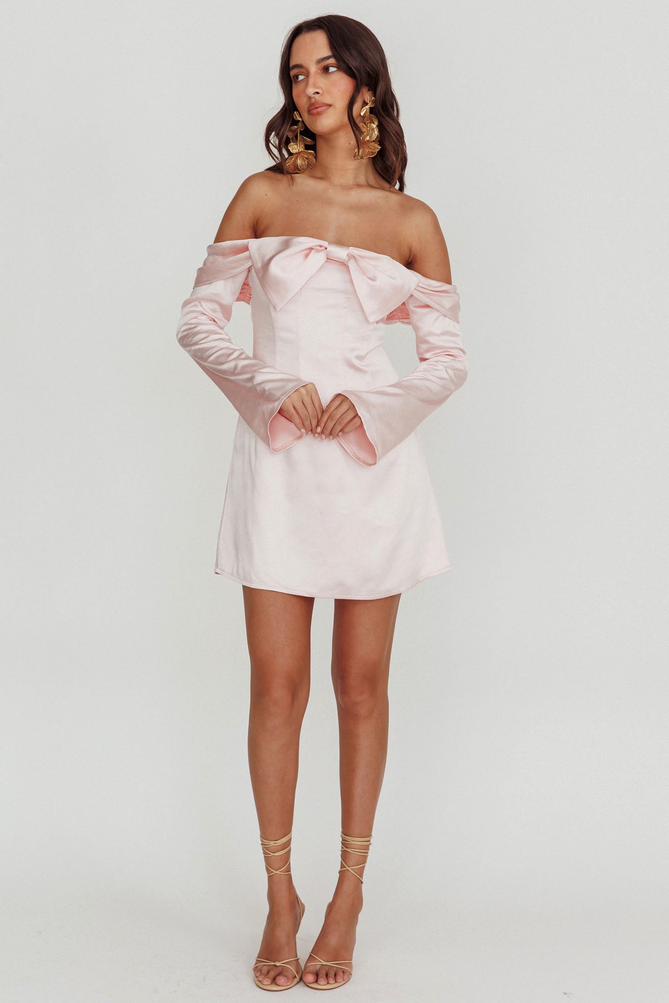 Lilith Off Shoulder Bow Mini Dress Blush by Selfie Leslie