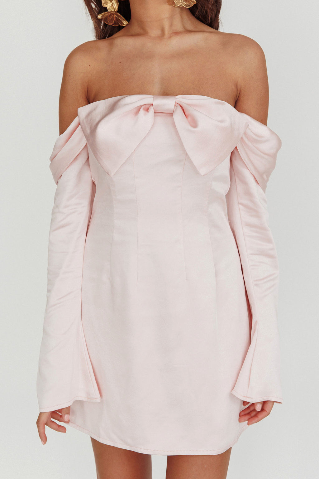Lilith Off Shoulder Bow Mini Dress Blush by Selfie Leslie