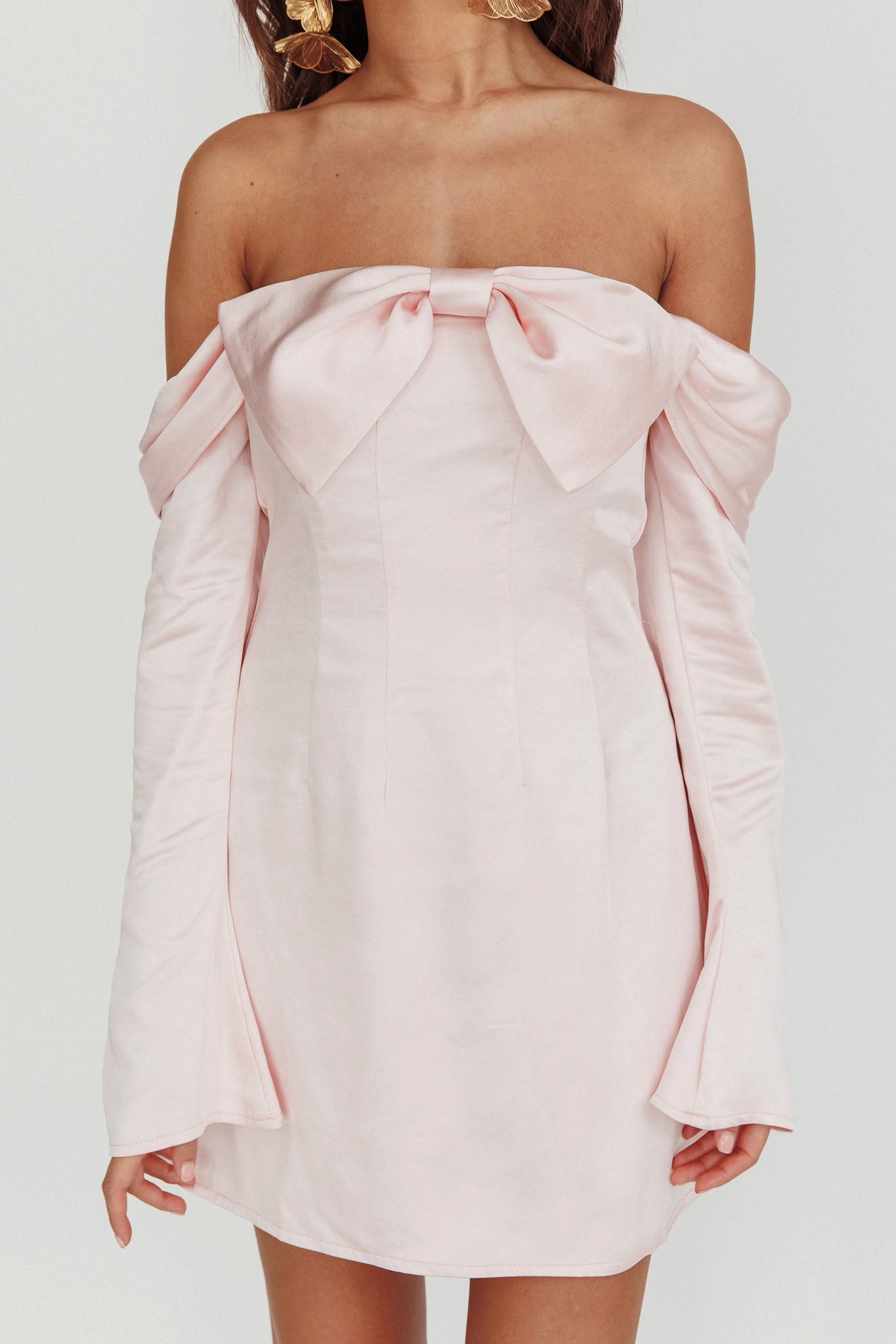 Lilith Off Shoulder Bow Mini Dress Blush by Selfie Leslie