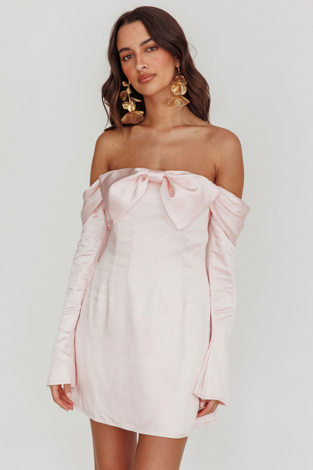Lilith Off Shoulder Bow Mini Dress Blush by Selfie Leslie