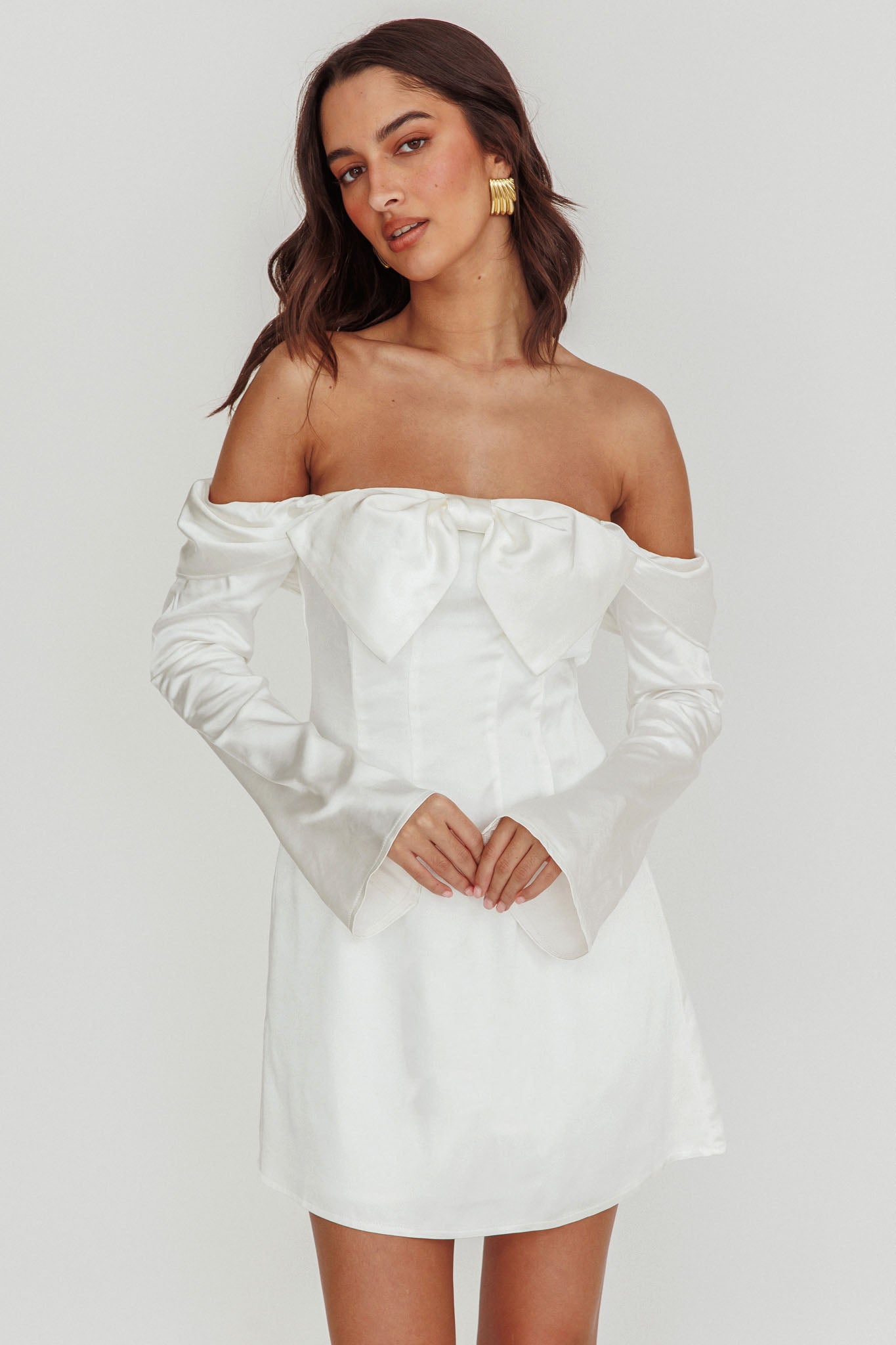 Shop the Lilith Off Shoulder Bow Mini Dress White