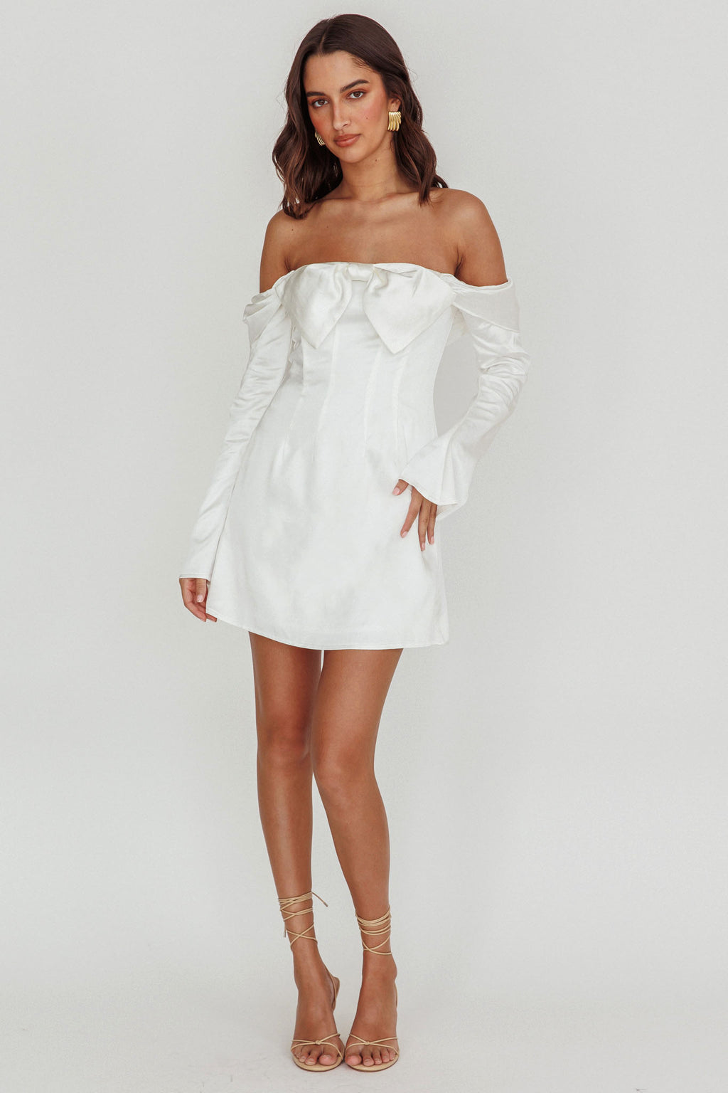 crystal bow off-the-shoulder mini dress Lilith Off Shoulder Bow Mini Dress White– Selfie Leslie