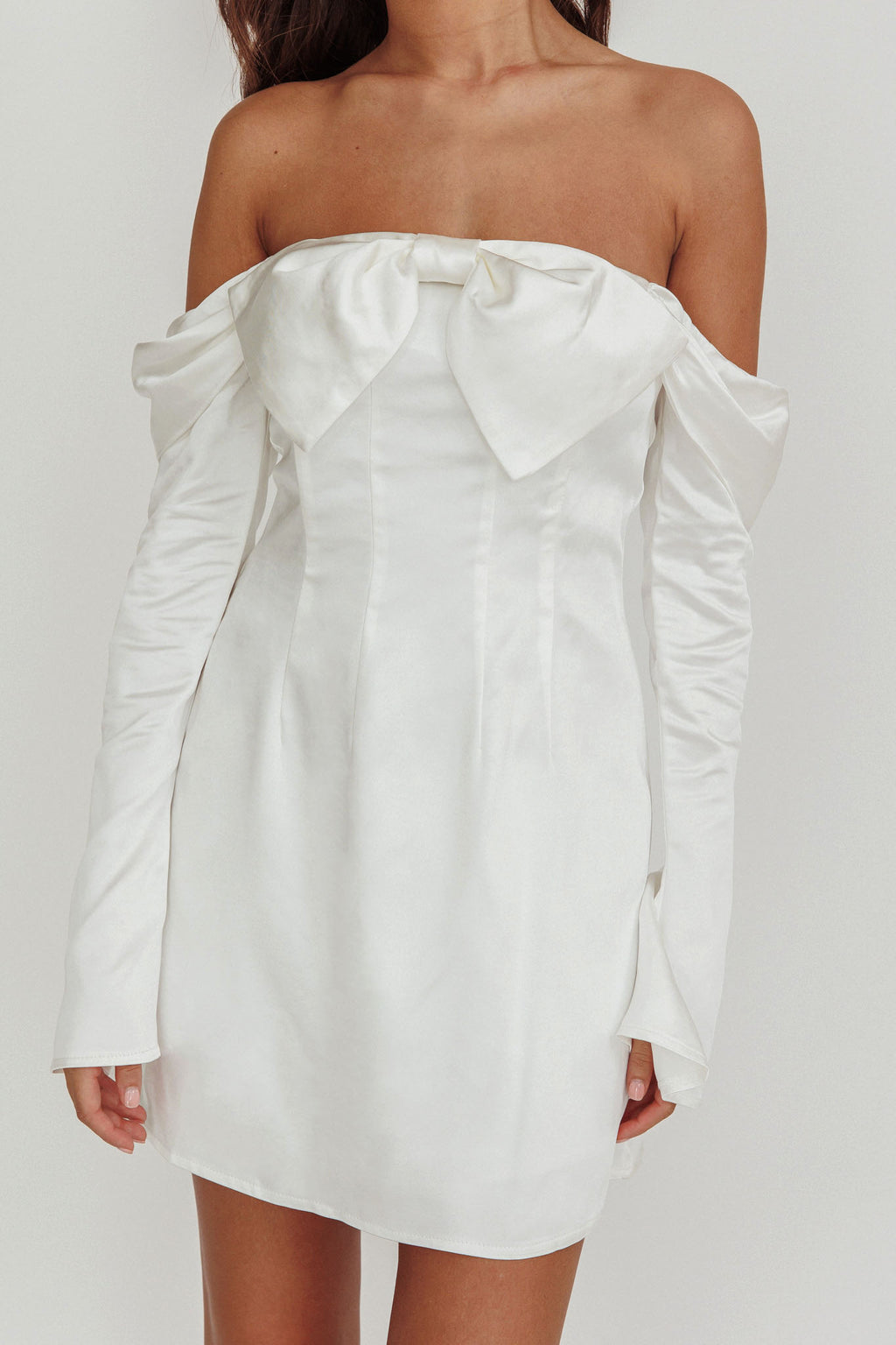Lilith Off Shoulder Bow Mini Dress White by Selfie Leslie