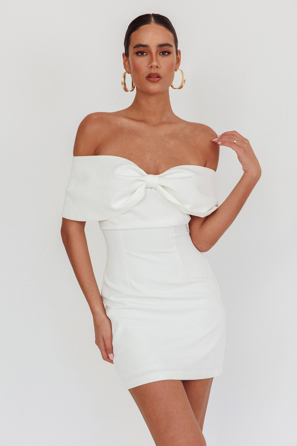 Sweet Caroline Off-Shoulder Bow Mini Dress White by Selfie Leslie