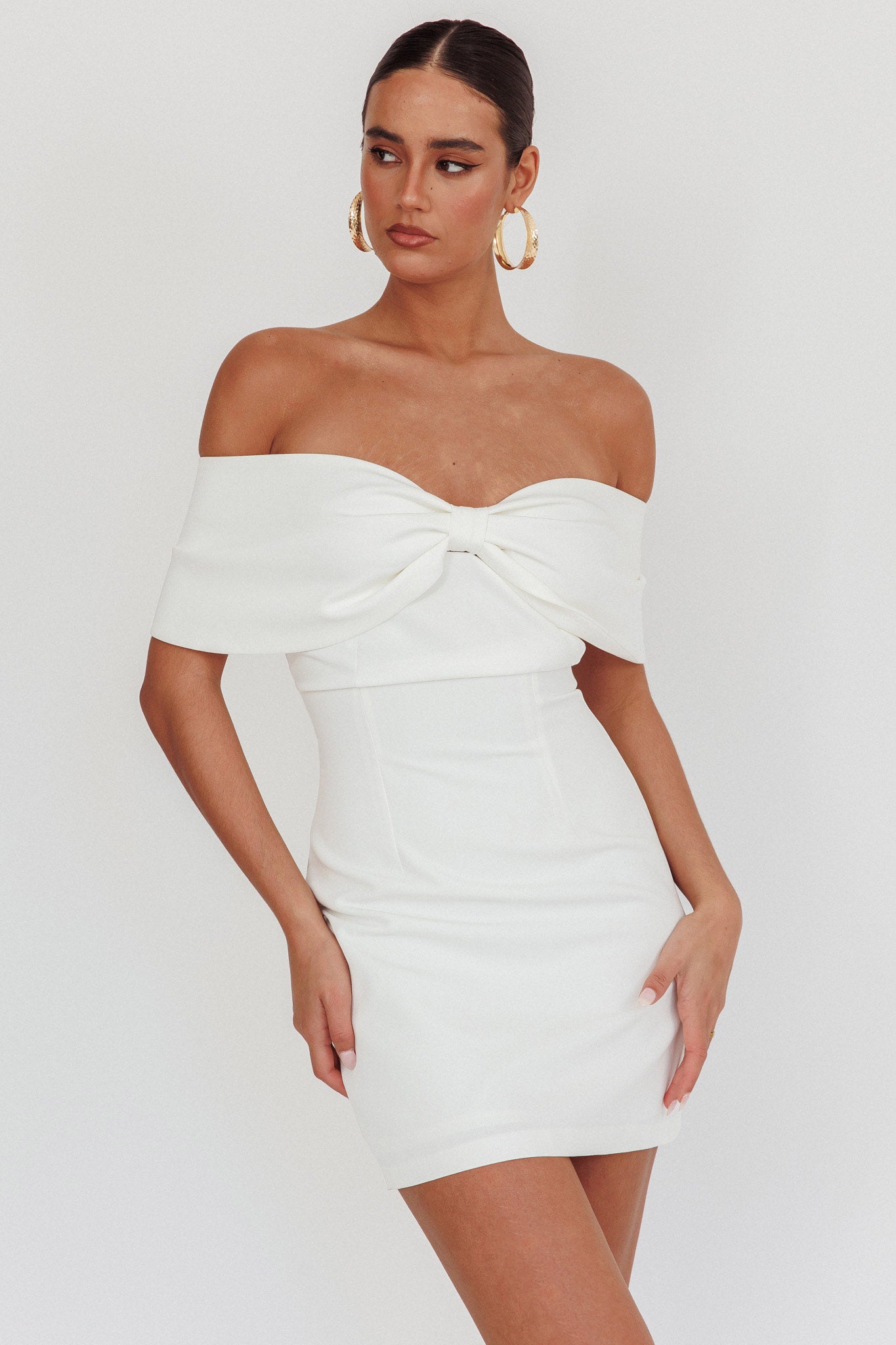 Sweet Caroline Off-Shoulder Bow Mini Dress White by Selfie Leslie