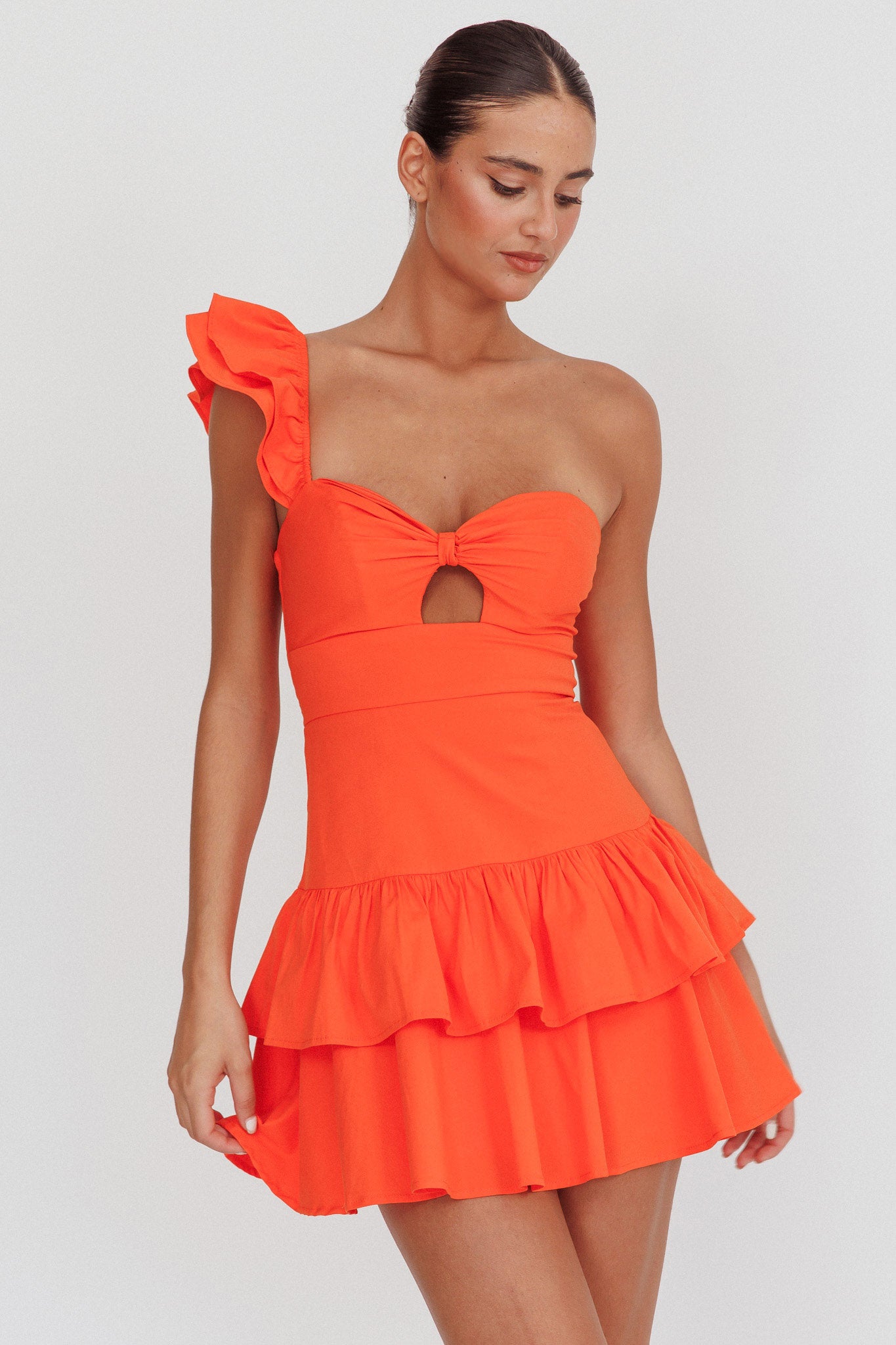 Tea Time One Shoulder Ruffle Mini Dress Tangerine by Selfie Leslie
