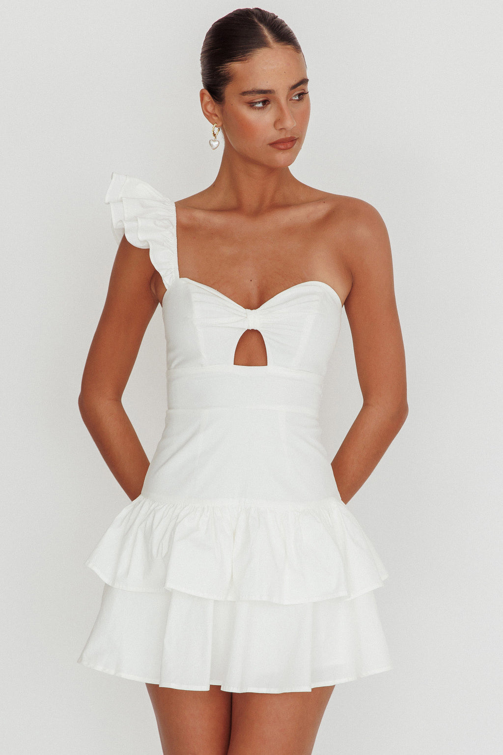Tea Time One Shoulder Ruffle Mini Dress White by Selfie Leslie
