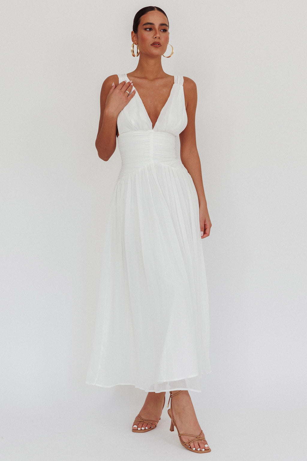 Sammi Ruched Waist Tied Back Maxi Dress White by Selfie Leslie