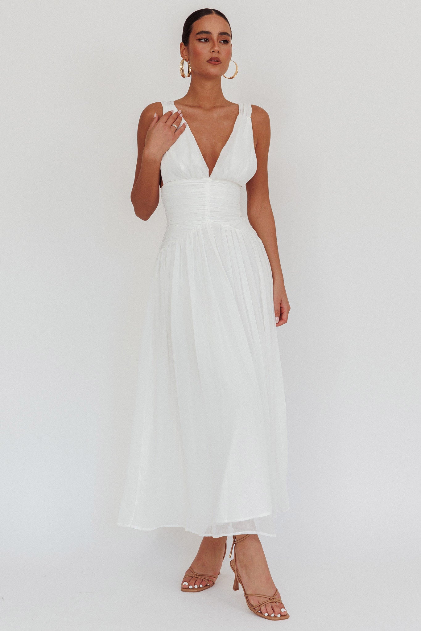 Sammi Ruched Waist Tied Back Maxi Dress White by Selfie Leslie