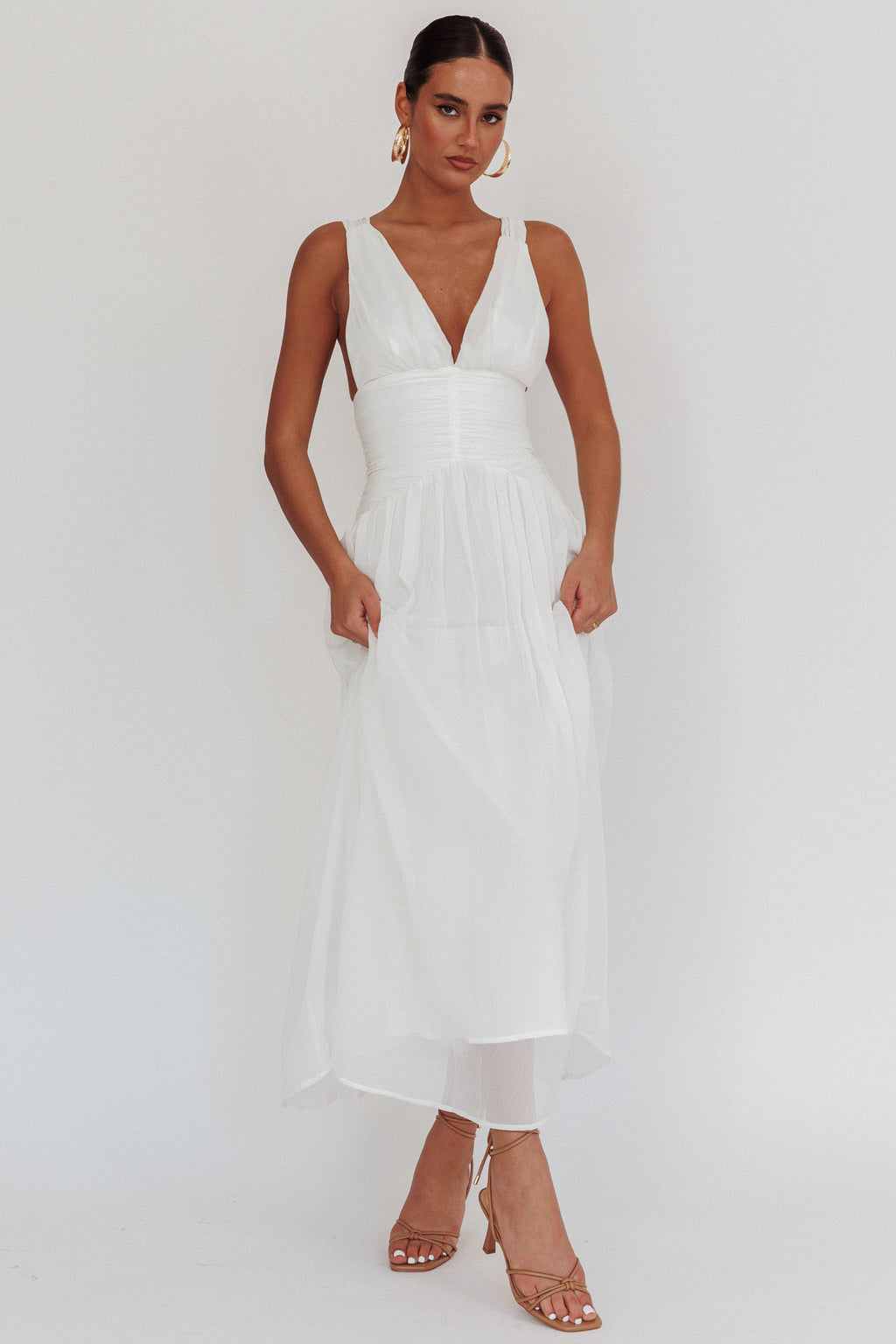Sammi Ruched Waist Tied Back Maxi Dress White by Selfie Leslie